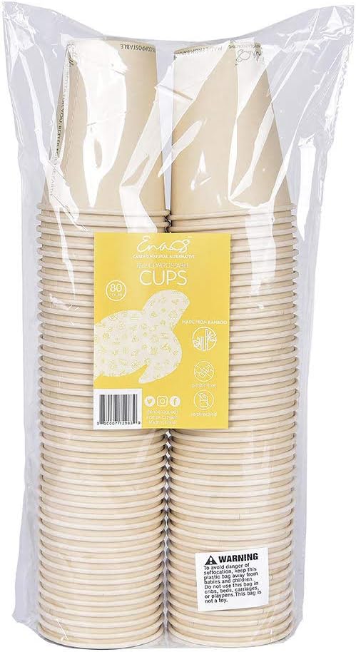 100% Compostable Disposable Coffee Cups [12oz 80 Pack] Paper Cups Made from Bamboo, Eco-Friendly, Biodegradable