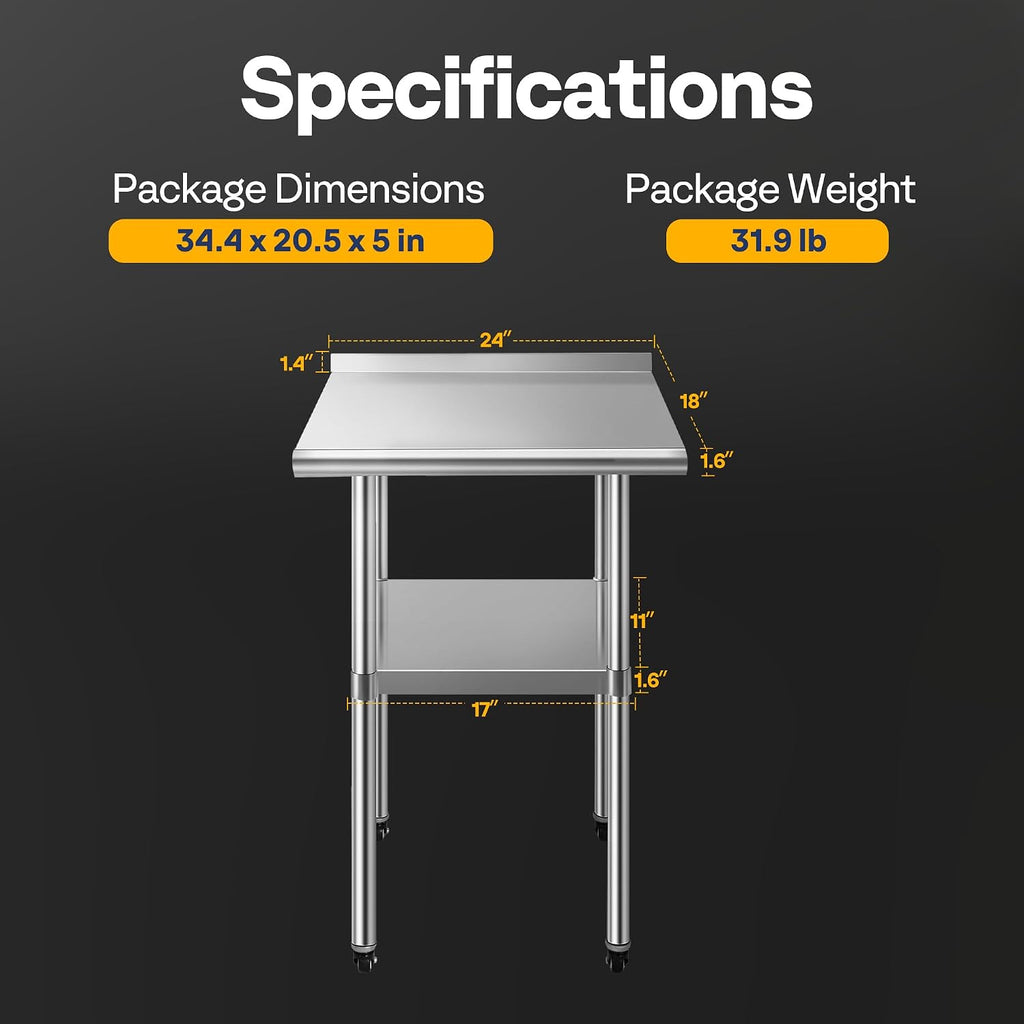 24 x 18 Inch Stainless Steel Work Table with Backsplash and Wheels
