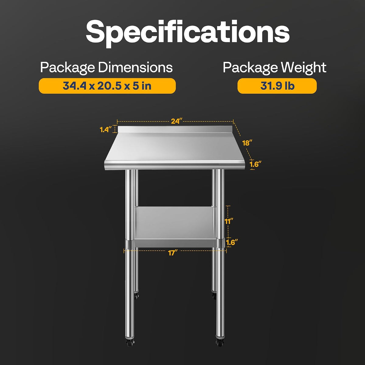 24 x 18 Inch Stainless Steel Work Table with Backsplash and Wheels