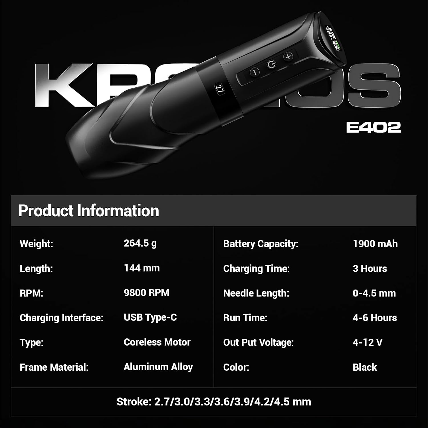 Wireless Tattoo Machine with 7 Adjustable Strokes(2.7-4.5mm),3800mAh Dual Batteries,Rotary Tattoo Pen Coreless Motor