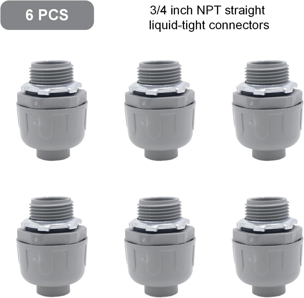 6-Pack 3/4 Inch Liquid Tight Conduit Connectors, Straight