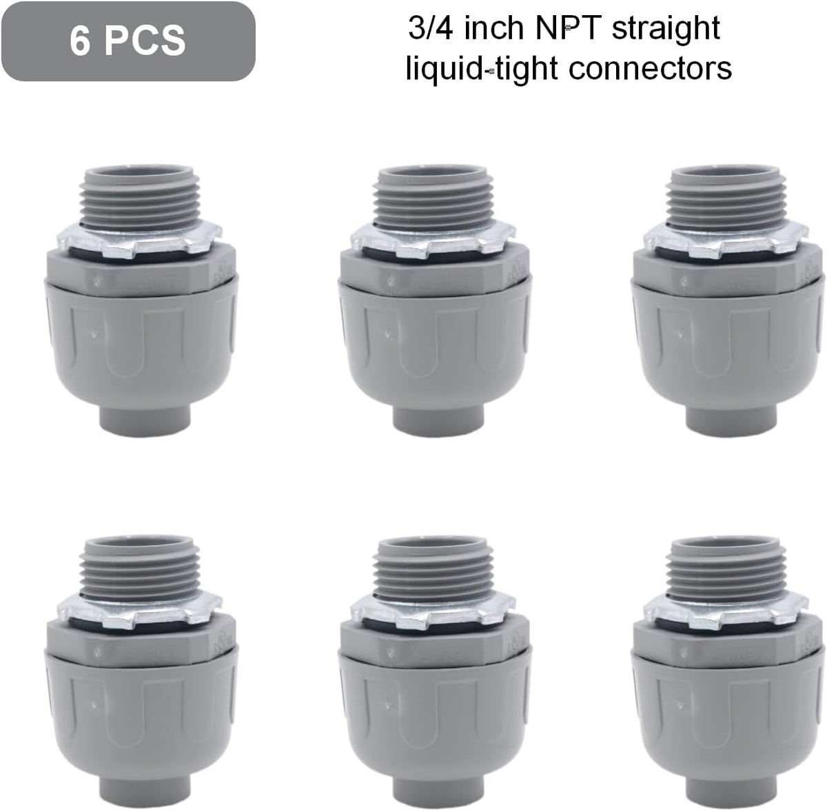 6-Pack 3/4 Inch Liquid Tight Conduit Connectors, Straight
