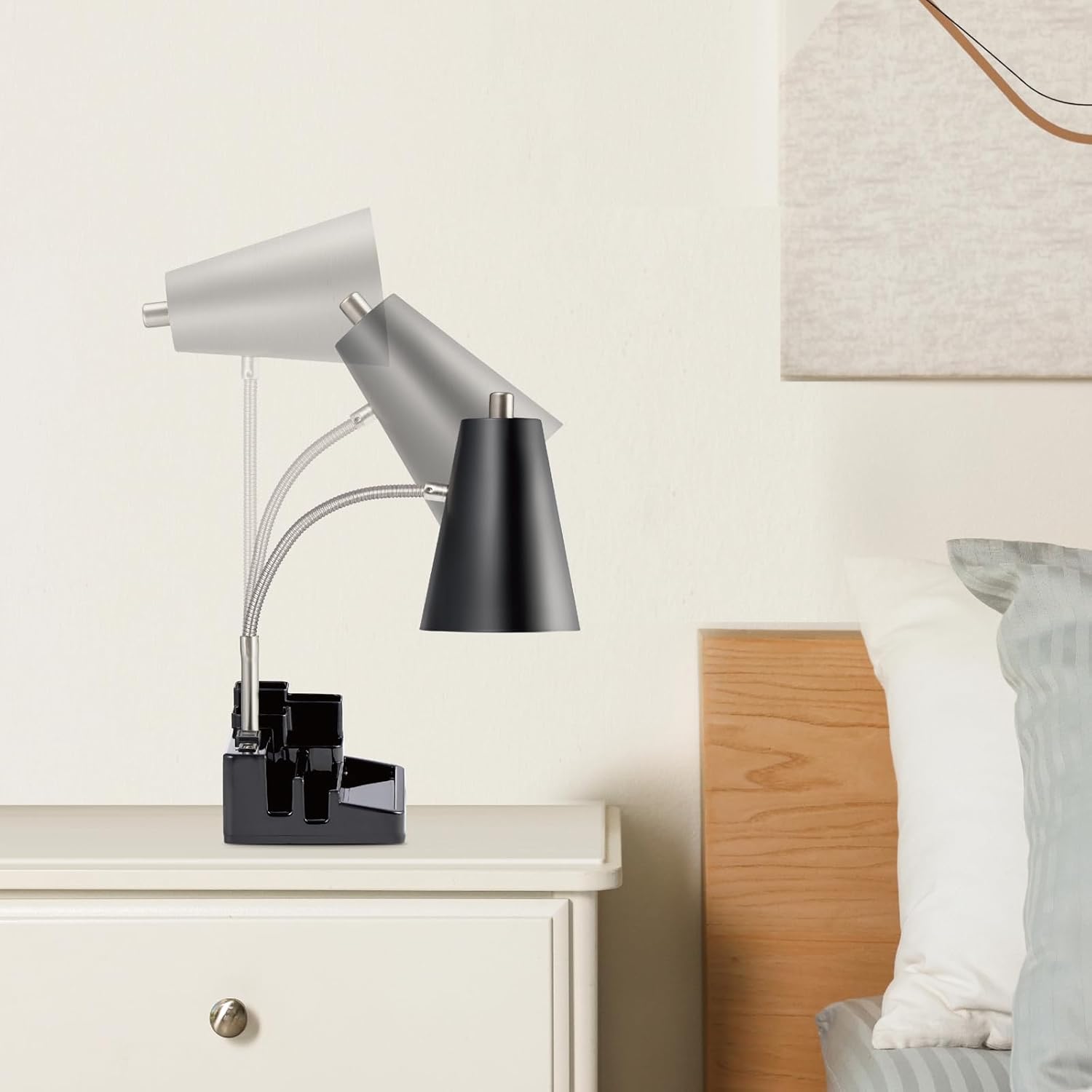 E26 Desk Lamp with 1 USB Charging Port and 1 AC Outlet, Organizer Base, Adjustable Neck, On/Off Switch, Modern Table