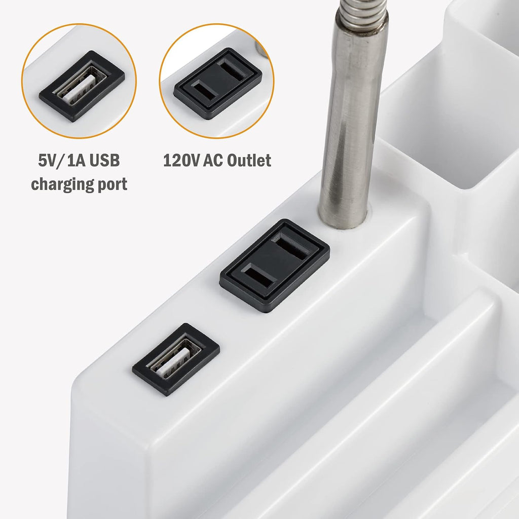 E26 Desk Lamp with 1 USB Charging Port and 1 AC Outlet, Organizer Base, Adjustable Neck, On/Off Switch, Modern Table