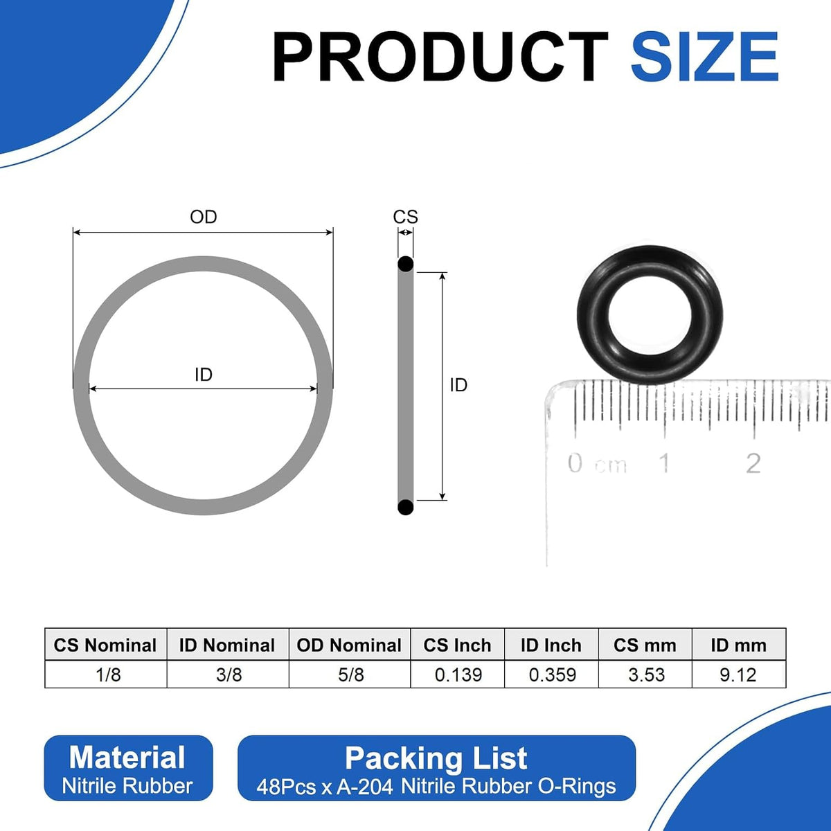 uxcell 48Pcs AS-204 Nitrile Rubber O-Rings 3/8" ID 5/8" OD 1/8" W