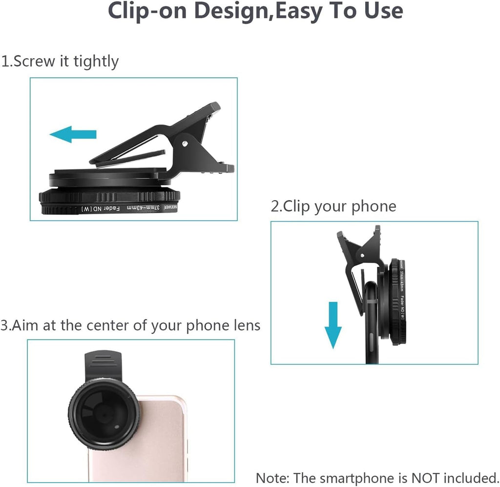 37mm Clip On ND2-ND400 Phone Lens ND Filter Kit: Variable Neutral Density Filter with Phone Clip Compatible with
