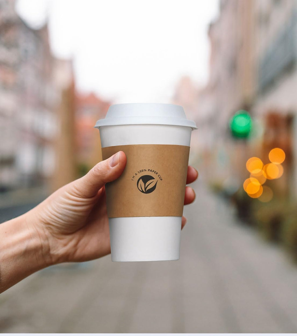 [50 pack] 16 oz Compostable Coffee Cups with Lids and Kraft Sleeves