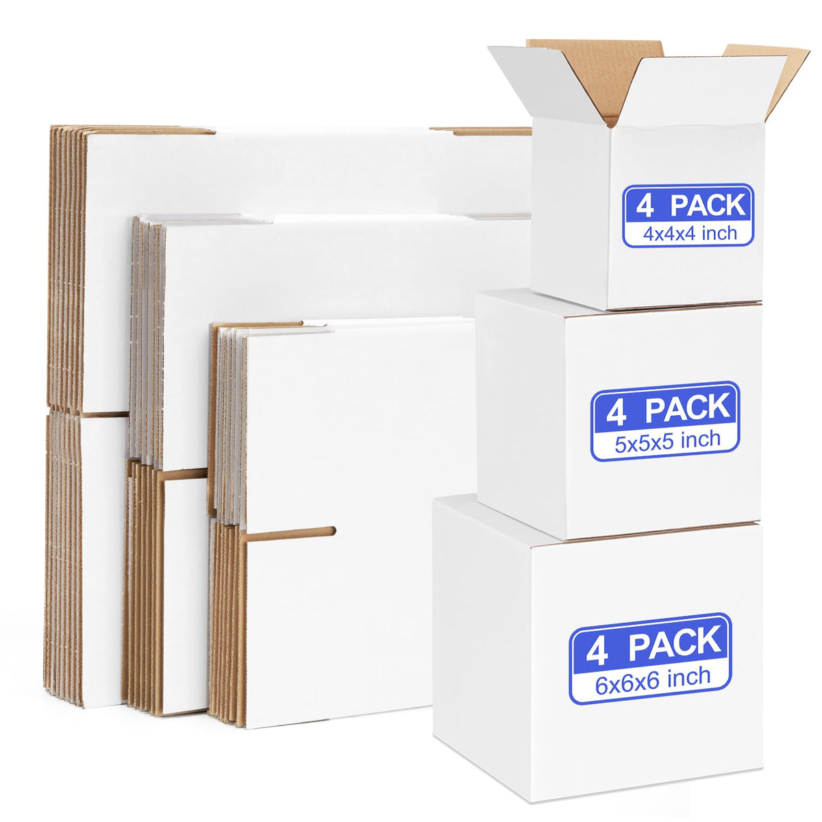 12 Pack Small Shipping Boxes Assorted Sizes, 4x4x4 & 5x5x5 & 6x6x6 4 PCS Each Small Boxes, White Corrugated Box