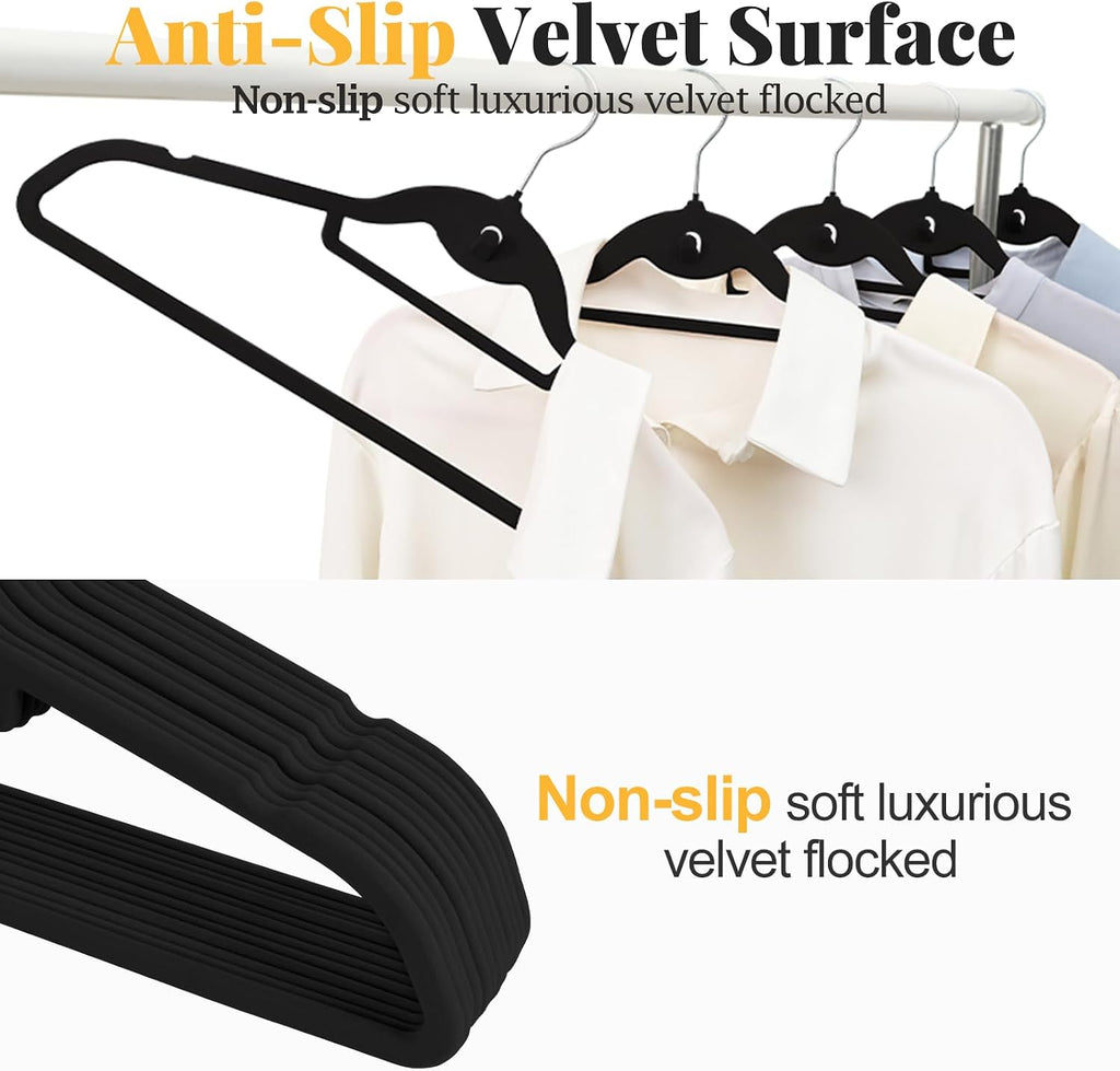 Velvet Felt Stackable Hangers 50 Pack, Thin & Space Saving, Black | Non Slip, 15Lbs Capacity Heavy Duty With 360°