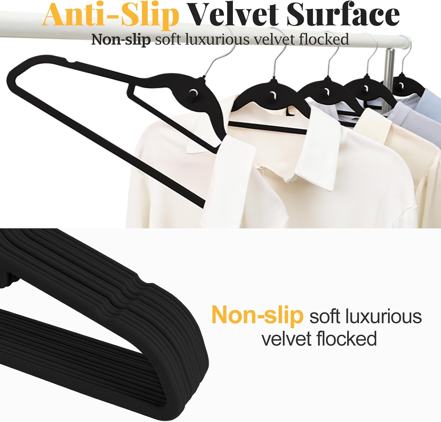 Velvet Felt Stackable Hangers 50 Pack, Thin & Space Saving, Black | Non Slip, 15Lbs Capacity Heavy Duty With 360°