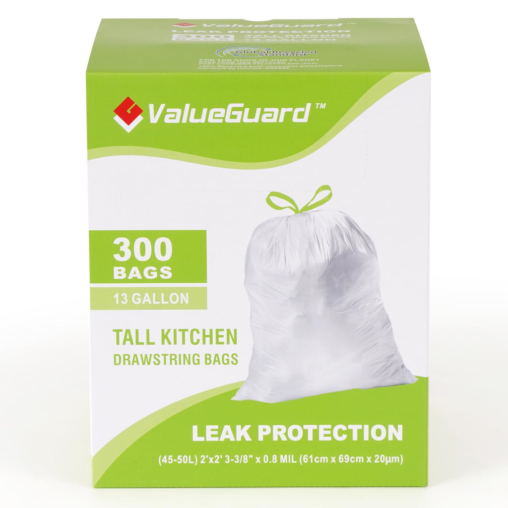 Large Trash Bag 13 Gallon Tall Drawstring 100% Post-Consumer Recycled Garbage Bag Waste Bag for Kitchen Office 0.8