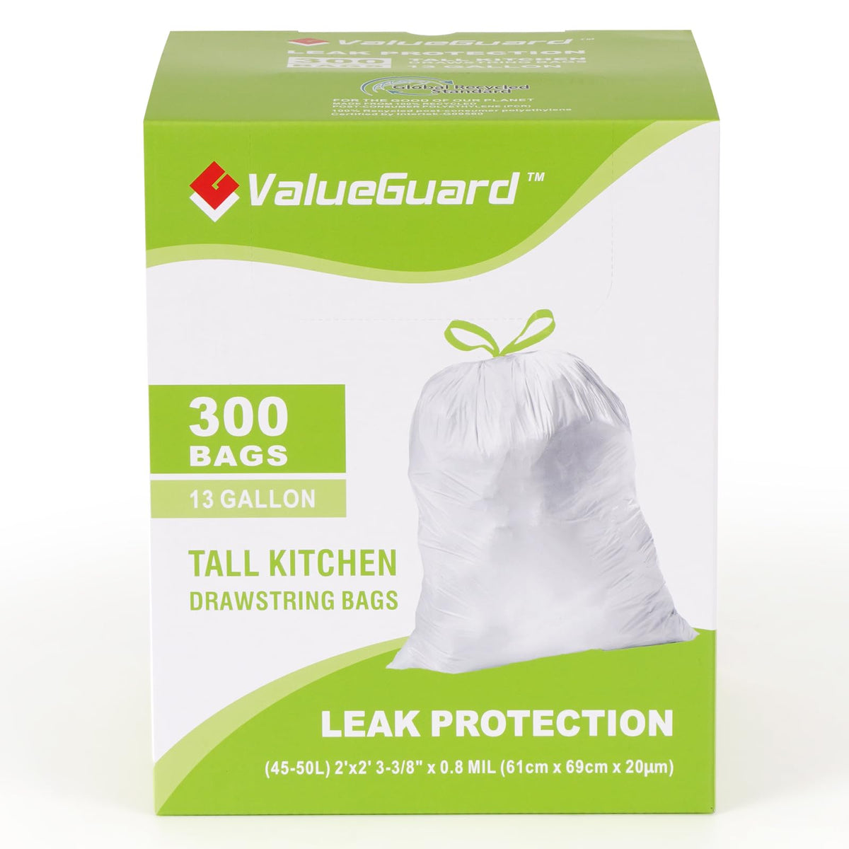 Large Trash Bag 13 Gallon Tall Drawstring 100% Post-Consumer Recycled Garbage Bag Waste Bag for Kitchen Office 0.8