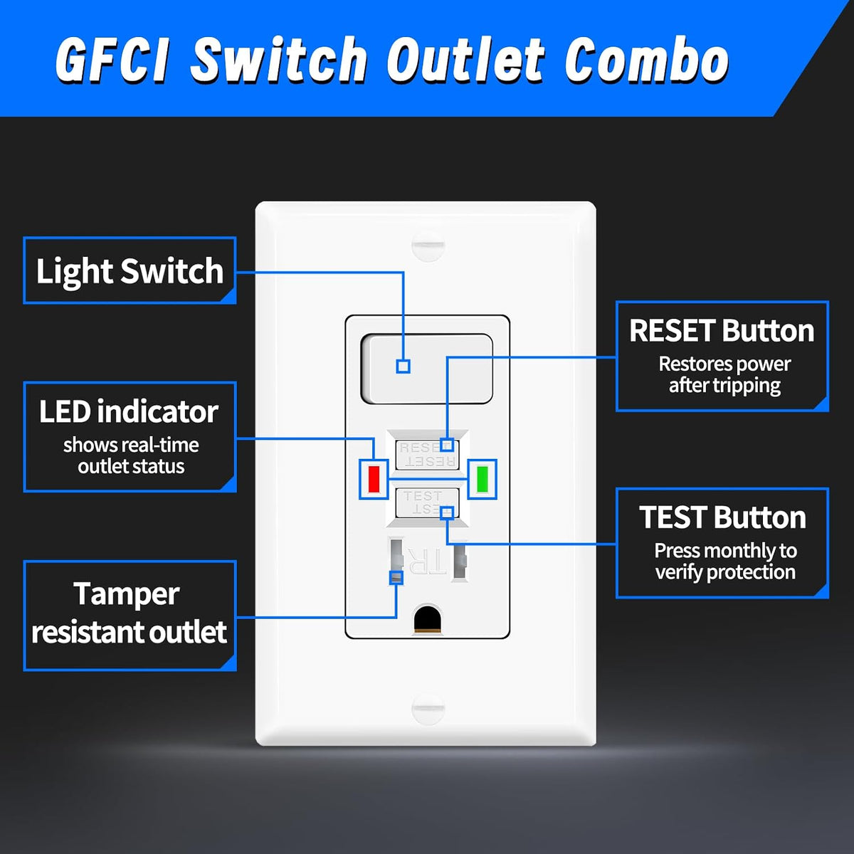 GFCI Outlet Light Switch Combo, 15A Self-Test TR ETL Listed 1 Pack | Tamper-Resistant Ground Fault Circuit