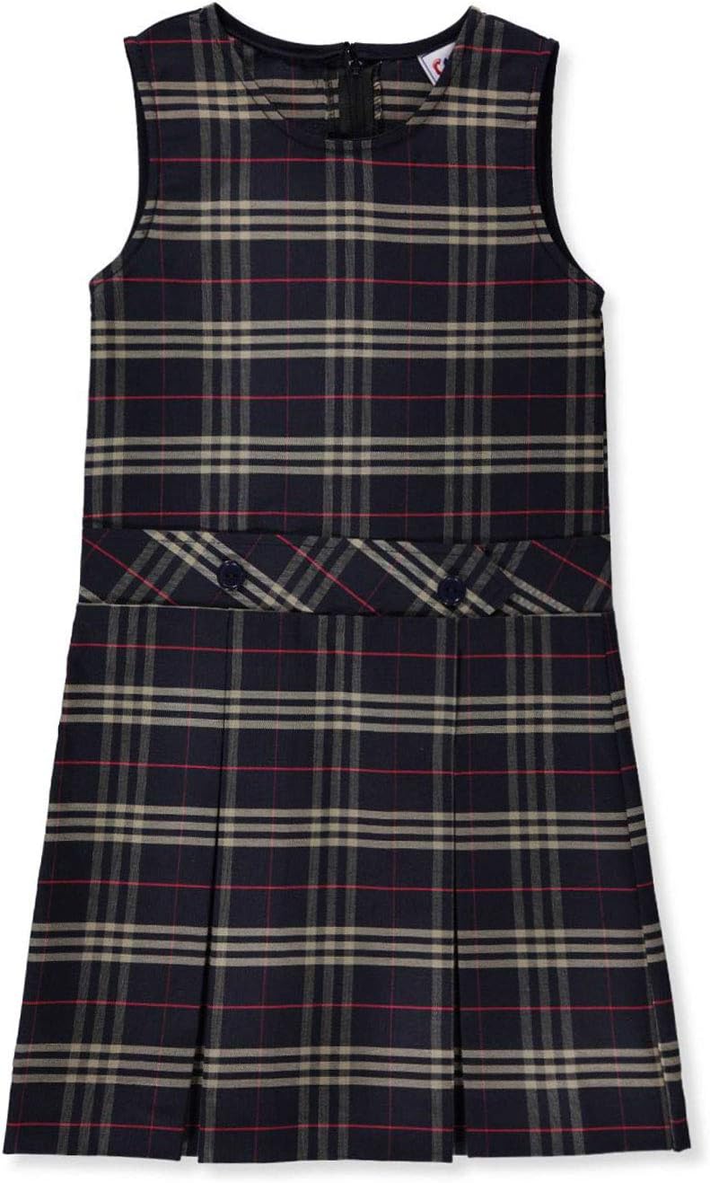 Big Girls' Bib Front Jumper - Navy/Khaki/red *Plaid #1c*, 8