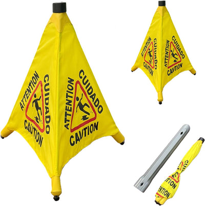 Wet Floor Signs - 2PCS Pop UP Bilingual Yellow Cones Wet Floor Sign with Wall Mounted Storage Tube Foldable, Slip