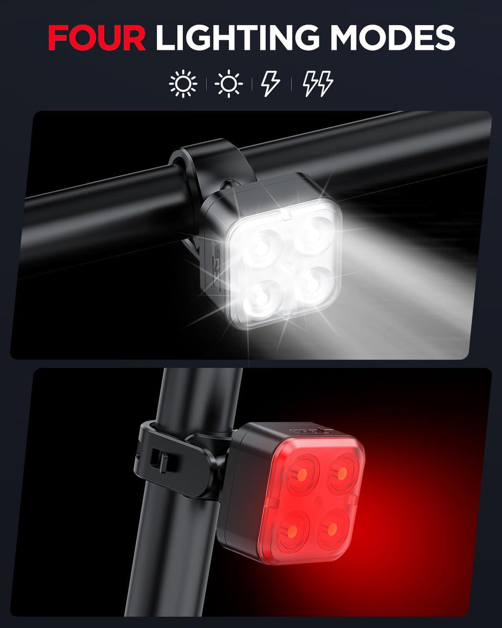 Bike Lights Set, Rechargeable Bicycle Lights Front and Rear, 4 Light Mode Options, Bike Headlight, IPX4 Waterproof