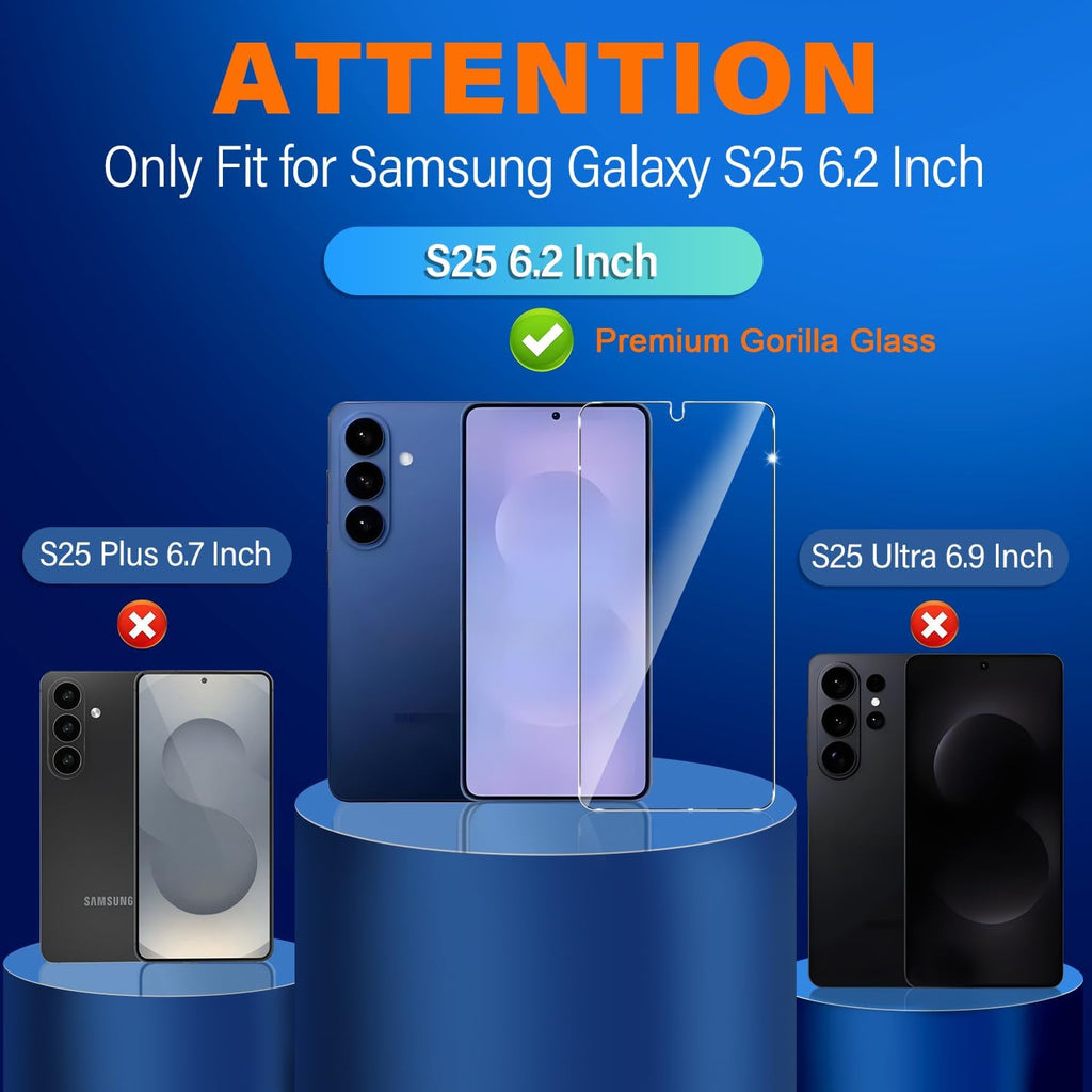 3 Pack for Samsung Galaxy S25 Screen Protector Tempered Glass + 3 Pack Camera Lens Protector, Military Grade