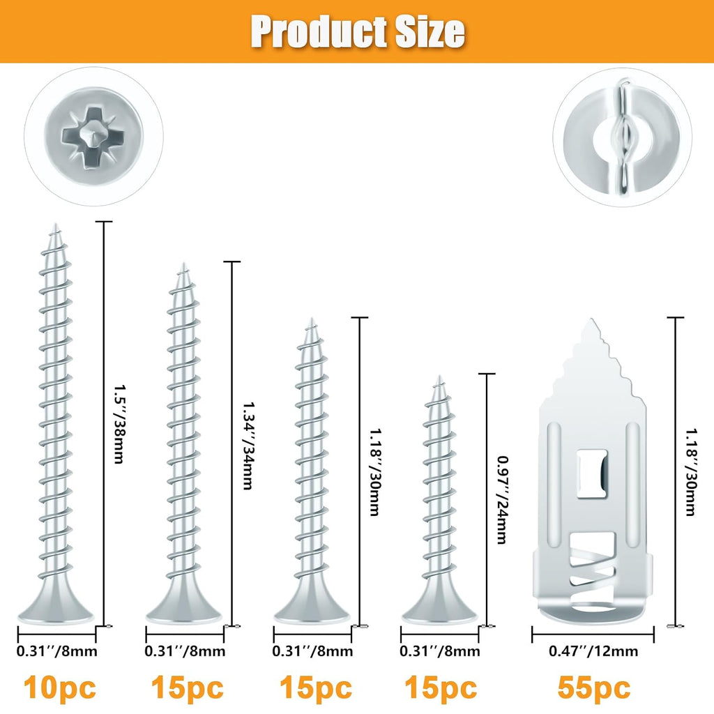 110Pcs Heavy Duty Metal Drywall Anchors and Screws Kit, Easy Self Drilling, Durable & Renter Friendly, Silver Anchors