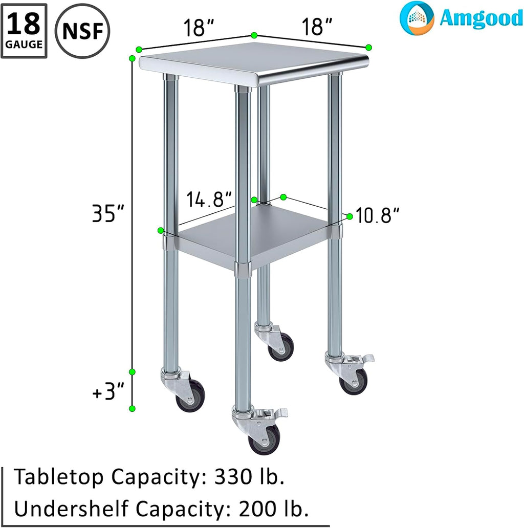 18" x 18" Stainless Steel Work Table with Casters | Heavy Duty Metal Utility Table On Wheels | Kitchen Island Cart
