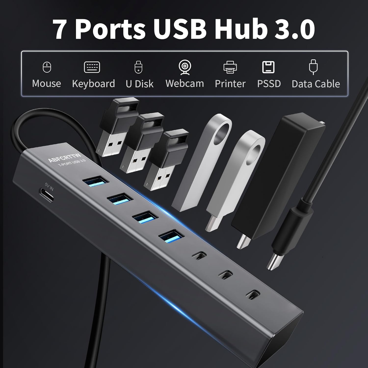 4Ft 7-Port USB Hub 3.0 for Desktop, 4 USB-A & 3 USB-C Ports Aluminium 5Gbps USB Extender Hub, USB Splitter, USB Hub