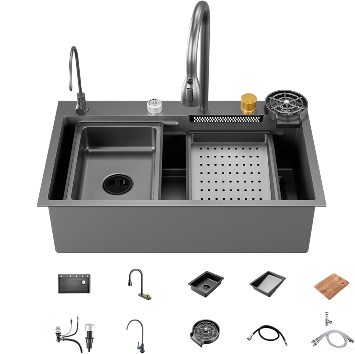 33” x 22” Workstation Kitchen Sink Black Stainless Steel Drop-In Sink with Honeycomb Embossing Glass Single Bowl with