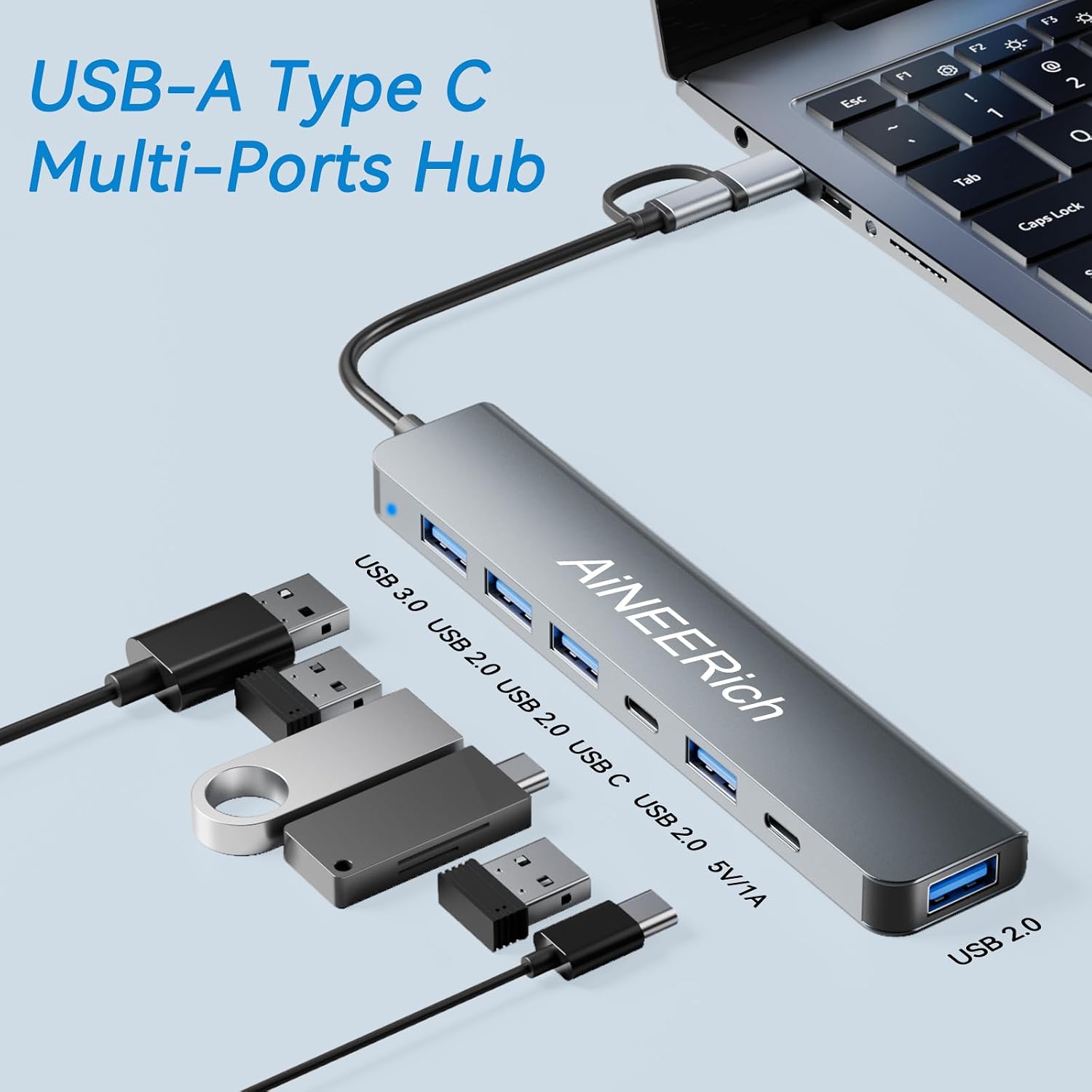 USB Hub for Laptop, USB C Hub Multiport Adapter Extended 5 USB Ports, 1 Type C Port, USB C to USB A Converter for