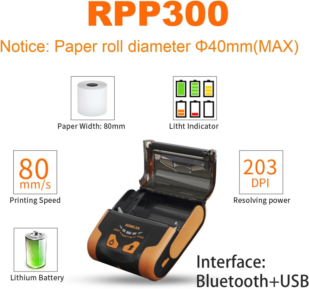 Portable 80mm POS Printer, Mobile Thermal Receipts Printer, USB&Bluetooth Connection, Compatible with Android Phone