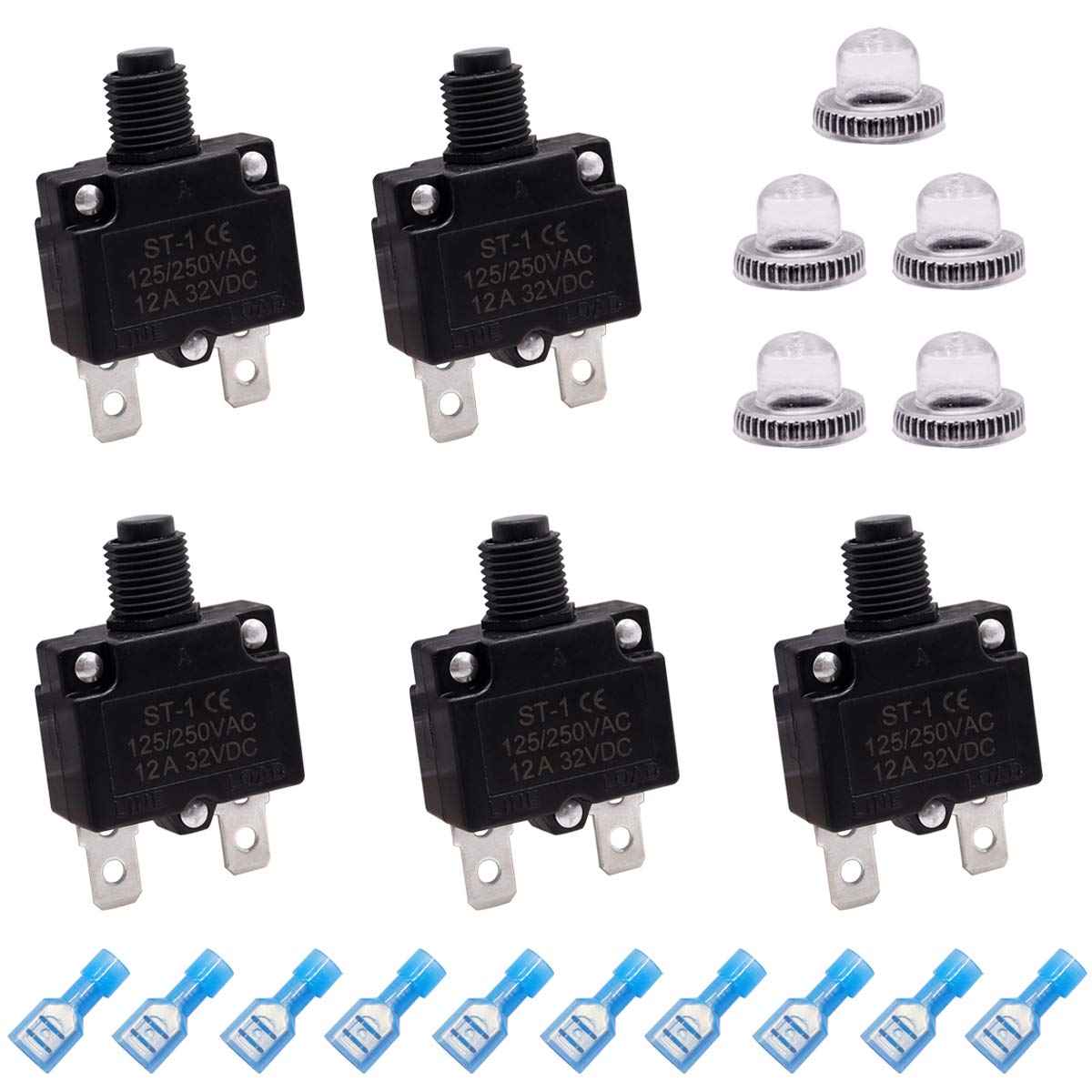mxuteuk 5Pcs 12Amp Circuit Breakers Push Button Manual Reset 125/250V AC 32V DC,Overload Protector Switch Thermal Circuit Breakers with Quick Connect Terminals and Waterproof Button Caps ST1-5-12A
