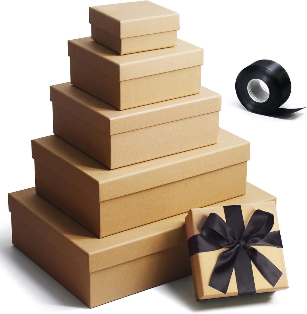 Gift boxes with lids, Natural and Rustic Kraft Gift Box for Present Wrapping, Set of 6 Sturdy Gift Wrap Boxes, Come