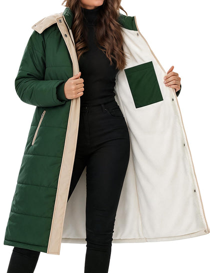 Women Quilted Long Coat Puffer Jackets Contrast Hooded Winter Parka