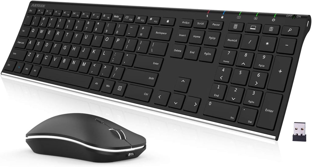 2.4G Wireless Keyboard and Mouse Combo Stainless Steel Ultra Slim Full Size Keyboard and Ergonomic Mice for Computer
