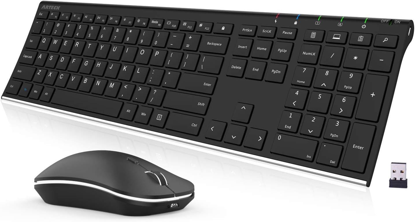 2.4G Wireless Keyboard and Mouse Combo Stainless Steel Ultra Slim Full Size Keyboard and Ergonomic Mice for Computer