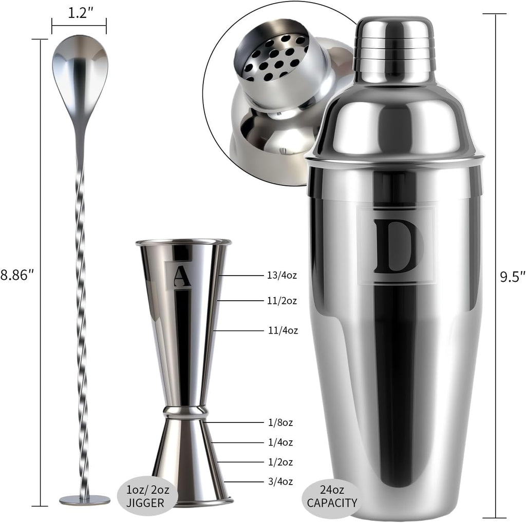24oz Cocktail Shaker Set with 1 oz 2oz Jigger - Monogramm Initials Martini Shaker Set - 304 Stainless Steel Bar