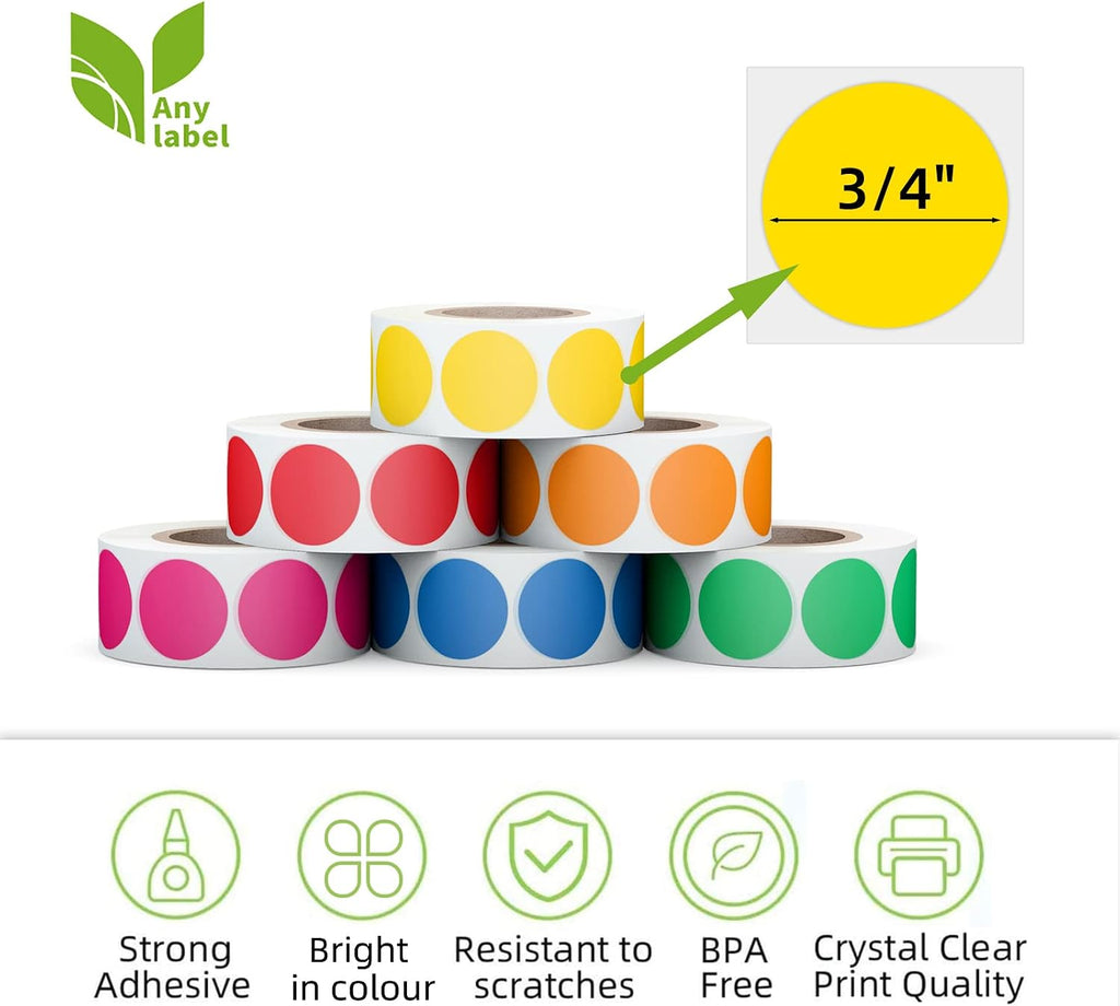 3/4" Round Color Coding Circle Dot Labels 3000 PCS Includes Bright Yellow Green Red Pink Orange Blue(6 Rolls,500