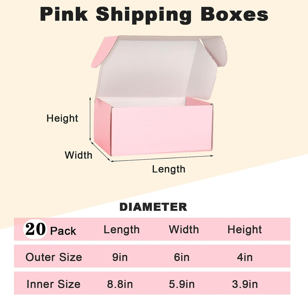Shipping Boxes for Packaging, 9x6x4" Pink Corrugated Cardboard Boxes, 20 Packs Medium Mailing Boxes for Small Business