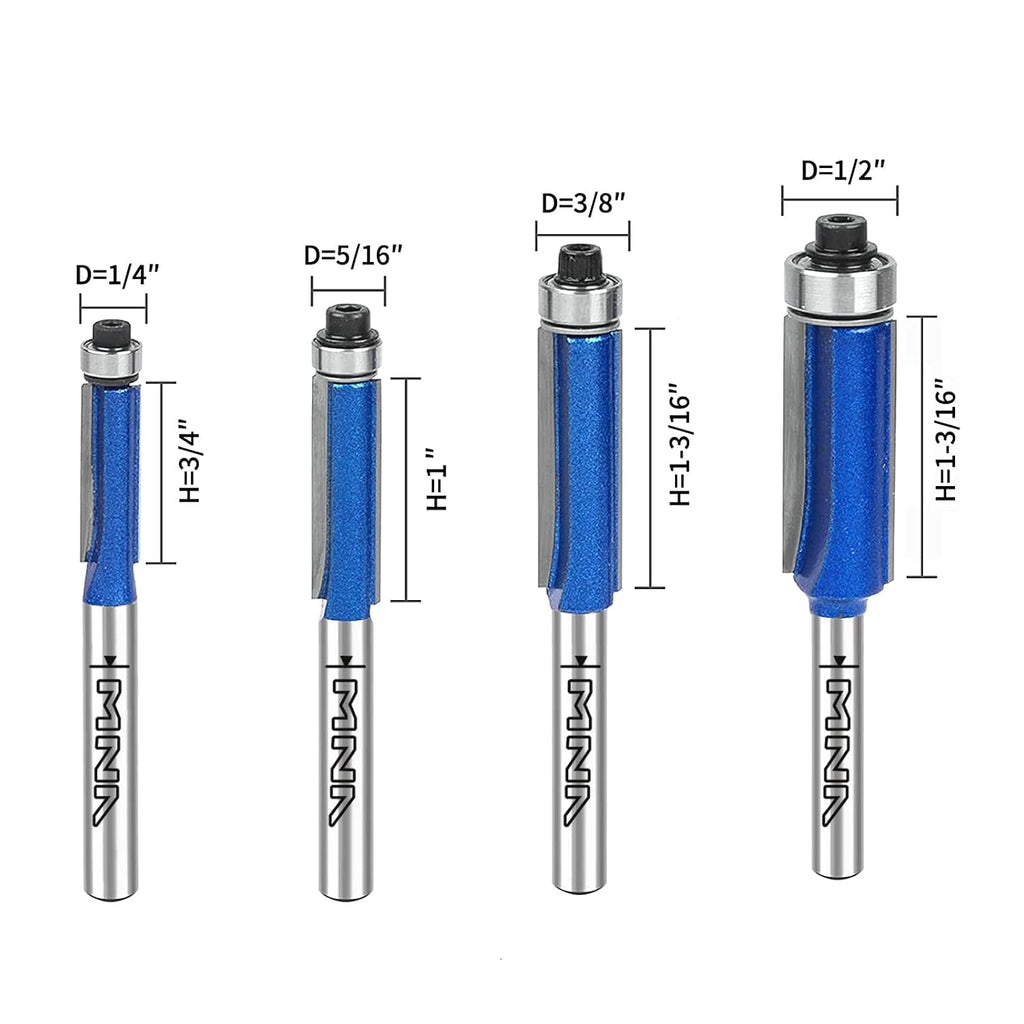 Top Bearing Flush Trimming Router Bits Set of 4, Straight Flush Trimming Router Bits Set. 1/4" Shank. Cut to Heights