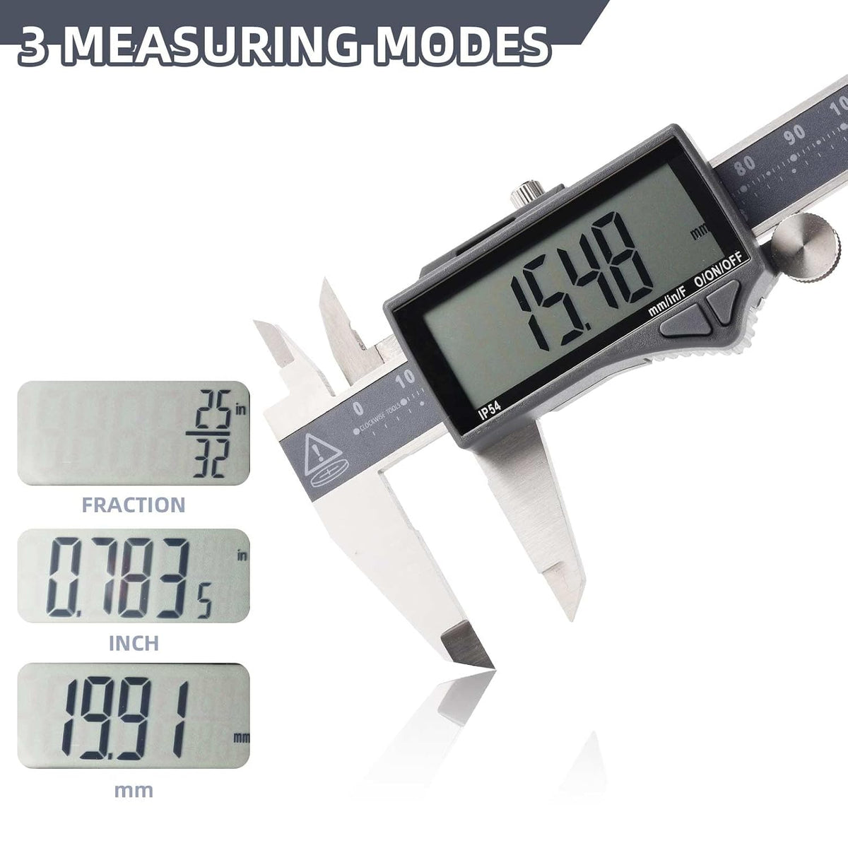 Clockwise Tools IP54 Grade Digital Caliper, DCLR-0605 0-6" /150mm, Inch/Metric/Fractions Conversion, Stainless Steel, Large LCD Screen