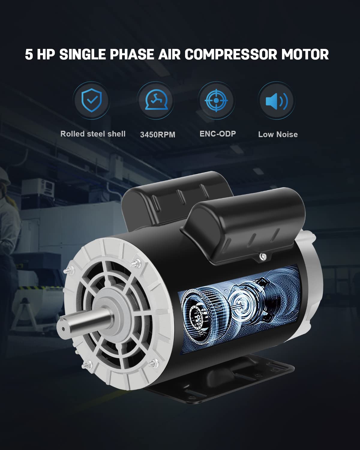 5HP Air Compressor Motor 230V 3450 RPM Single Phase 56HZ Frame ODP