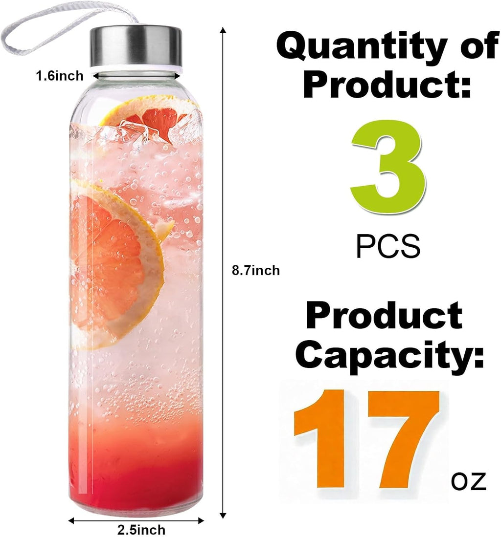 3 Packs Glass Water Bottles with Lid, Clear, 17oz | Reusable Juice Bottle with Stainless Steel Cap, Glass Cup Liquid