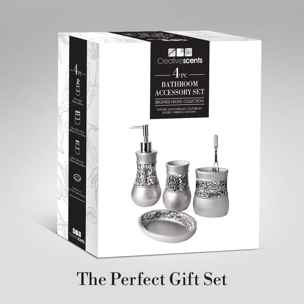 4 Pc. Resin Bathroom Accessory Set | Silver Crackled Glass | Includes Soap Dispenser, Toothbrush Holder, Tumbler Cup