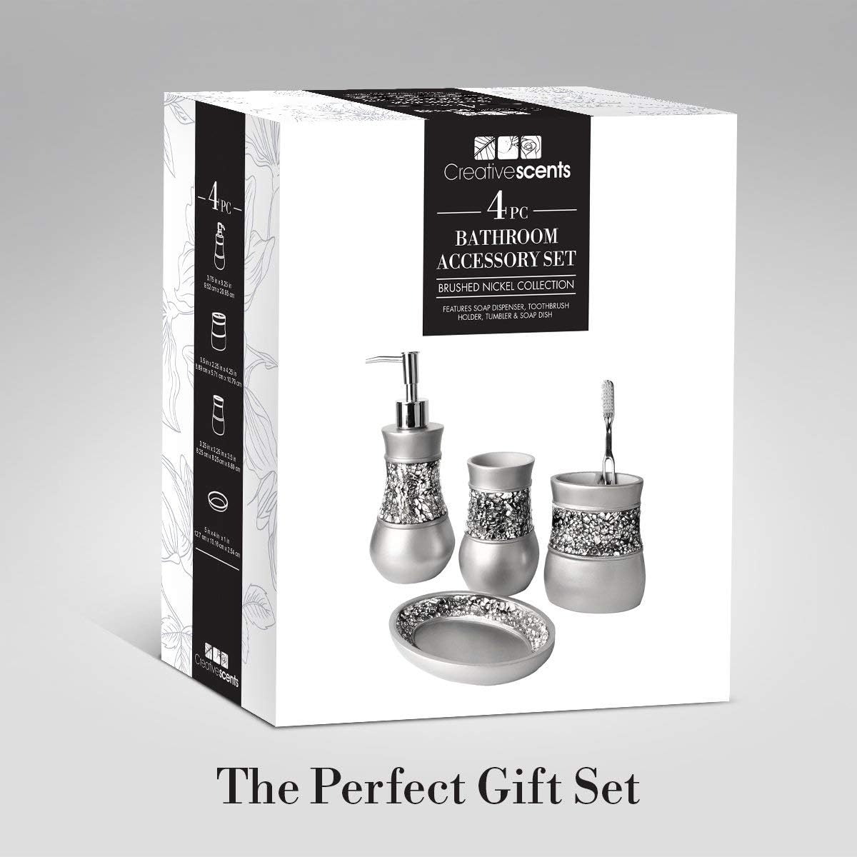 4 Pc. Resin Bathroom Accessory Set | Silver Crackled Glass | Includes Soap Dispenser, Toothbrush Holder, Tumbler Cup