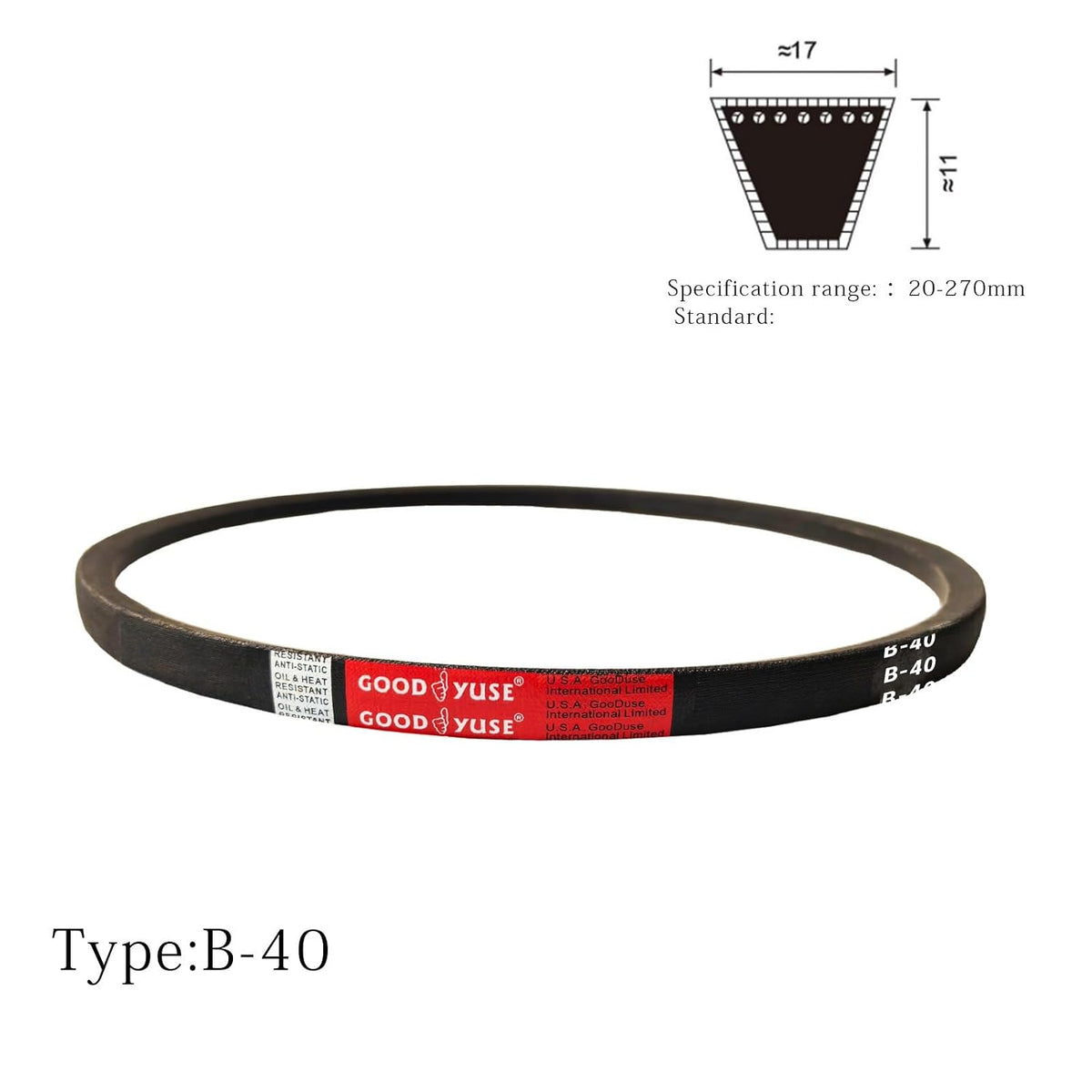 B40 V-Belts，High Quality Classic Wrapped Rubber V-Belt, 1016mm/ 40" Inner Circumference x17mm/ 0.67" Width x 11mm/0.43" Height