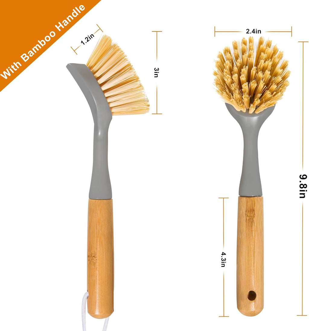 2 Pack Kitchen Dish Brushes with Bamboo Handle, Dish Scrubber Built-in Scraper, Scrub Brush for Pans, Pots, Counter &