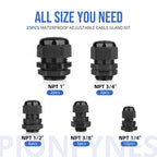 25PCS Cable Gland 3-25mm Waterproof Adjustable 1/4'', 3/8'', 1/2'', 3/4'', 1'' NPT Cable Gland Joints with Gaskets