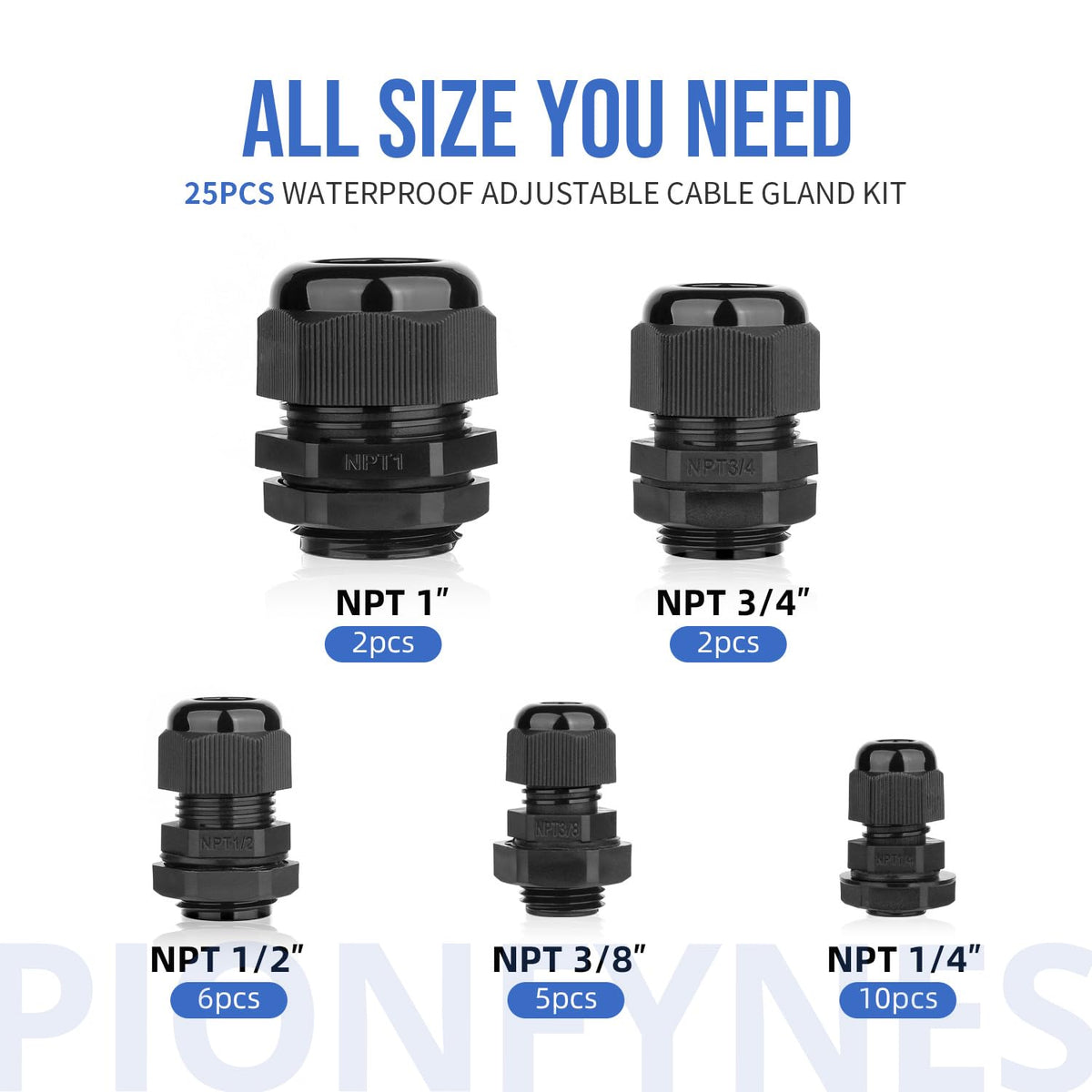 25PCS Cable Gland 3-25mm Waterproof Adjustable 1/4'', 3/8'', 1/2'', 3/4'', 1'' NPT Cable Gland Joints with Gaskets