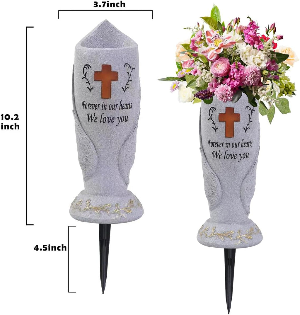 Cemetery Grave Flower Vase,Cometery Decorations for Grave,Angel Vases with Spike，Angel Wings and Cross Solar Light