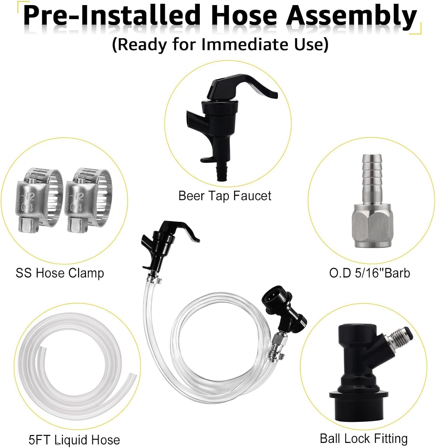 5 FT Ball Lock Beer Line Assembly -Beer Dispenser for Corny Keg | PVC Beer Line, Picnic Tap Faucet & Quick Disconnect