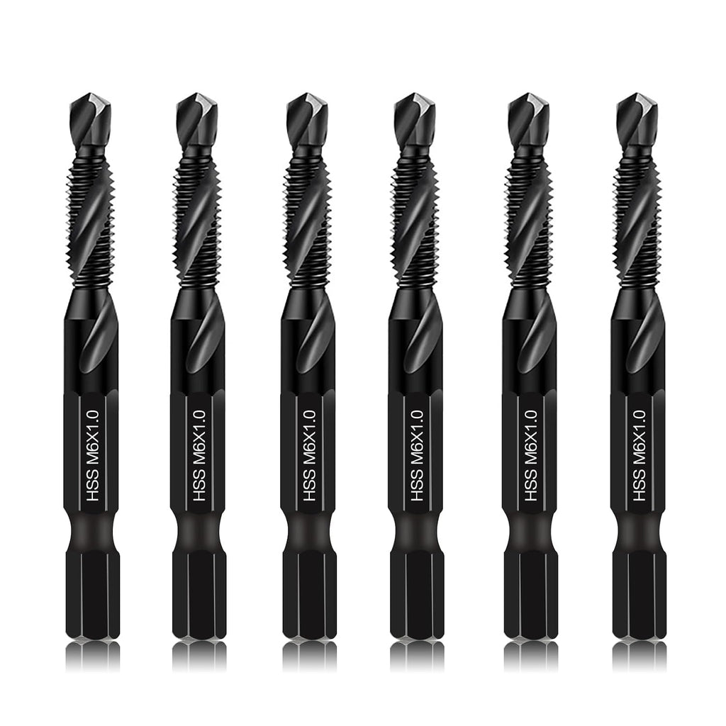 DKIBBITH 6 Packs M6 Combination Drill & Taps Bit Set, Screw Threading Tapping Tools in Size M6*1.0 with Anti-Rust Black Coating, 1/4" Hex Shank and Storage Case