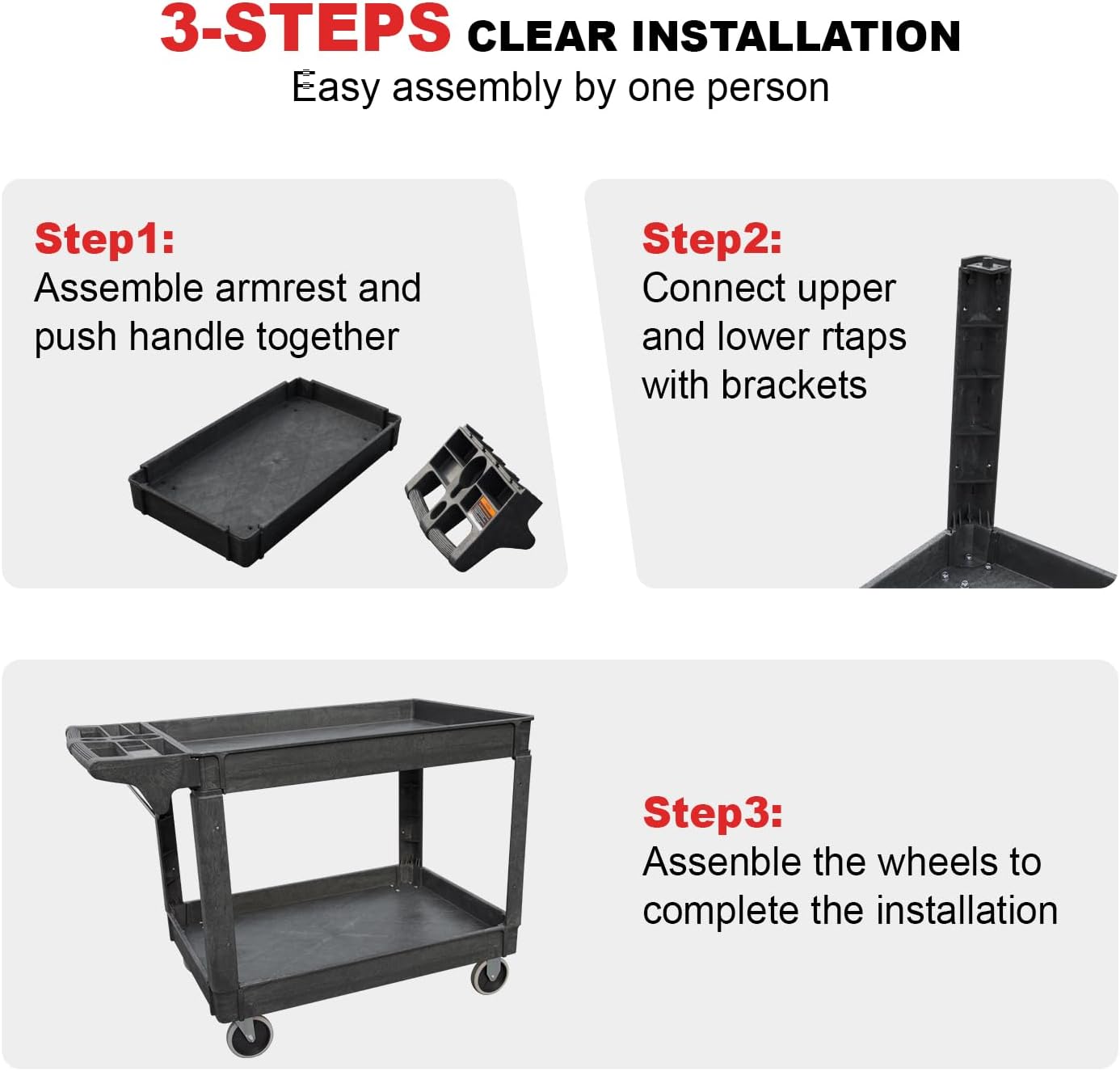 Utility Service Cart, 2-Shelf 500LBS Heavy Duty Plastic Rolling Utility Cart with 360° Swivel Wheels, Lipped Shelves