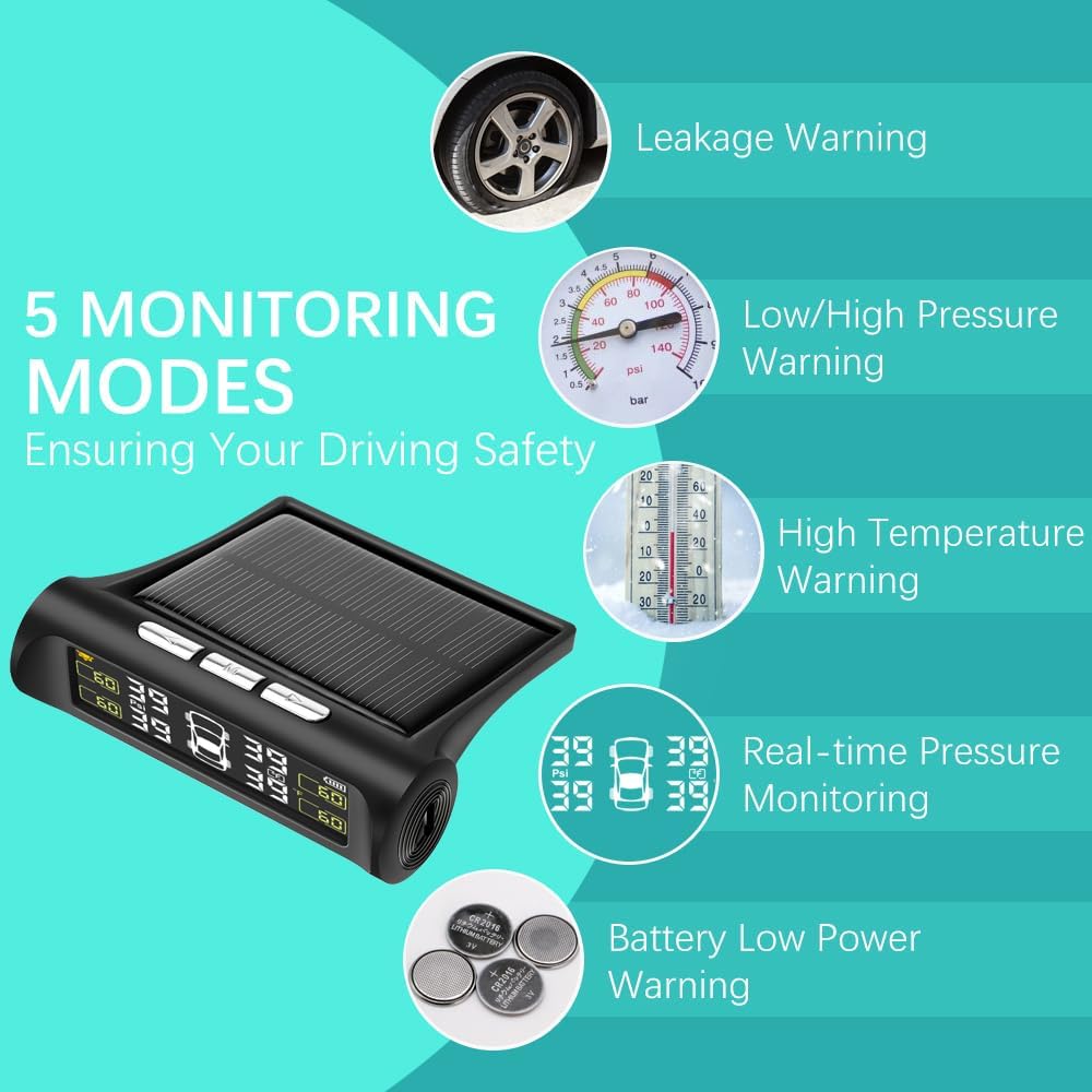 Tire Pressure Monitoring System - TPMS Tire Pressure Monitor System with Solar Charger, TPMS with 4 External sensors
